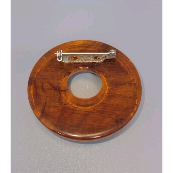 Vtg Bakelite Butterscotch Wood Mixed Media Circle Round Brooch Pin Retro 70s - Picture 3 of 4
